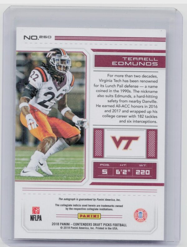 2018 Panini Contenders Draft Picks Terrell Edmunds AU #250 Hokies - Image 3
