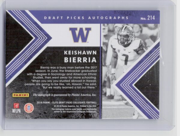 2018 Panini Elite Draft Picks Keishawn Bierria AU #214 Huskies Draft Picks Autog - Image 3