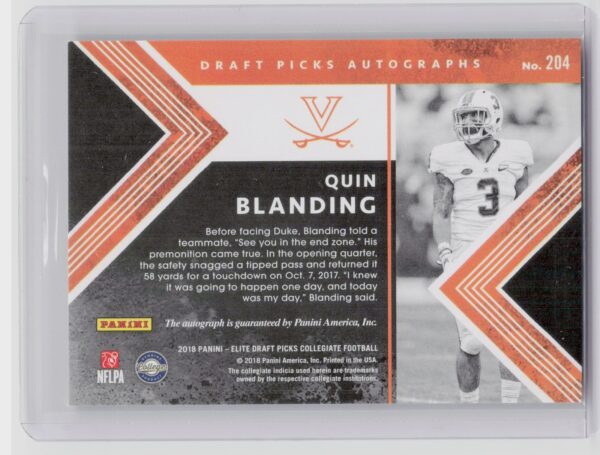 2018 Panini Elite Draft Picks Quin Blanding AU #204 Cavaliers Draft Picks Autogr - Image 3