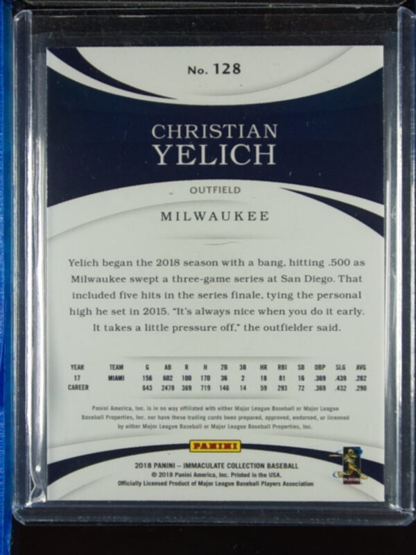 2018 Panini Immaculate Collection Christian Yelich Red SN25 #128 Brewers - Image 3