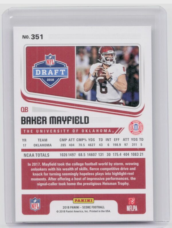 2018 Score Baker Mayfield RC #351 Sooners - Image 3