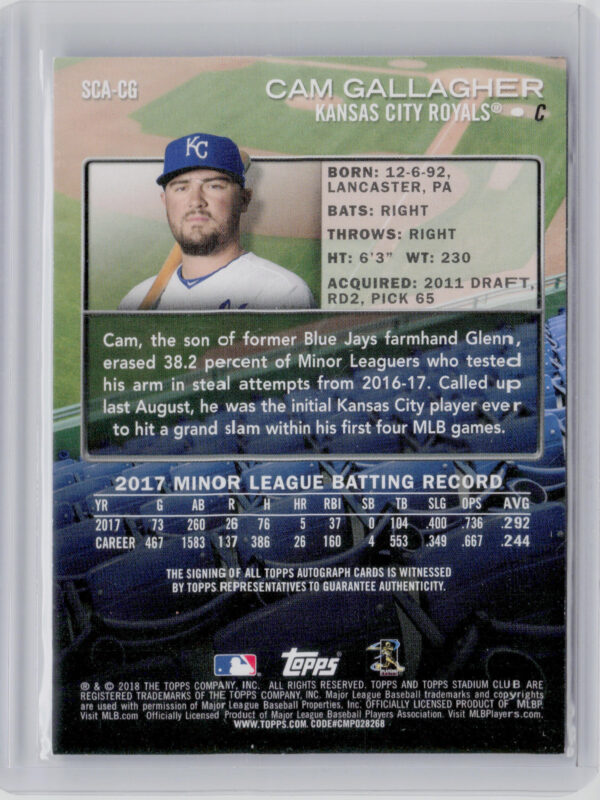 2018 Stadium Club Cam Gallagher AU #SCA-CG Royals Autographs - Image 3