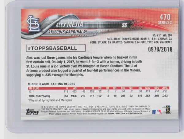 2018 Topps Alex Mejia Gold /2018 #470 Cardinals - Image 3