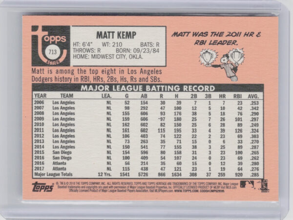 2018 Topps Heritage Matt Kemp SP VAR #713 Dodgers - Image 3
