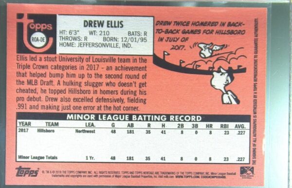 2018 Topps Heritage Minor League Drew Ellis Auto #ROA-DE Hops Real One Autograph - Image 3