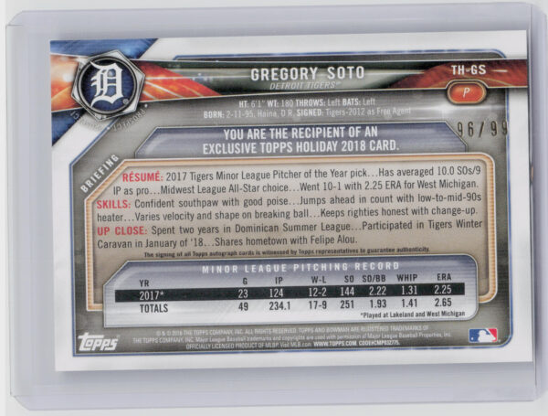 2018 Topps Holiday Bowman Gregory Soto AU SN99 #TH-GS Tigers Prospects Autograph - Image 3