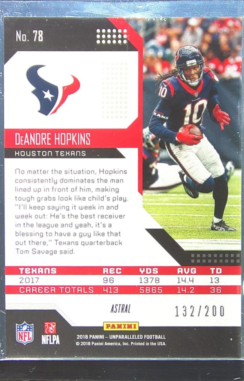 2018 Unparalleled DeAndre Hopkins Astral /200 #78 Texans - Image 3
