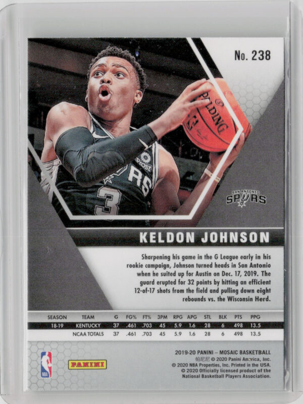 2019-20 Panini Mosaic Keldon Johnson RC #238 Spurs - Image 3