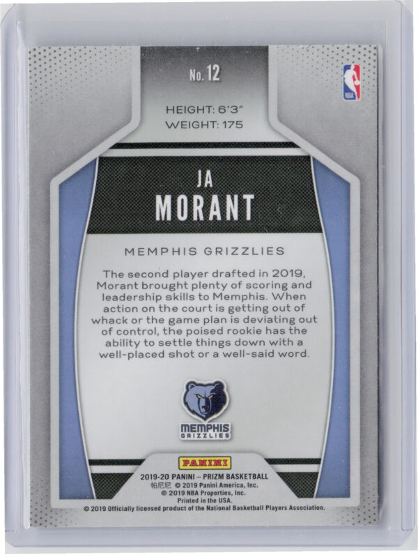 2019-20 Panini Prizm Ja Morant #12 Grizzlies Instant Impact - Image 3