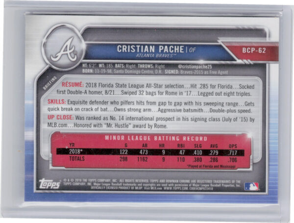 2019 Bowman Cristian Pache SN250 #BCP-62 Braves Chrome Prospects Mojo Refractors - Image 3
