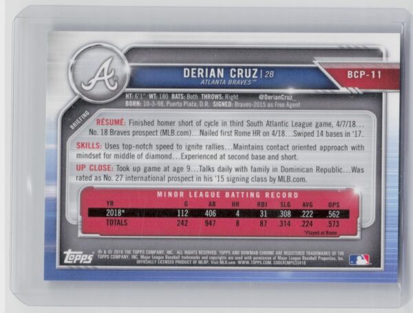 2019 Bowman Derian Cruz SN99 #BCP-11 Braves Mojo Refractors Green - Image 3