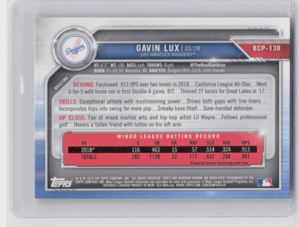 2019 Bowman Gavin Lux #BCP-130 Dodgers Chrome Prospects Mojo Refractors - Image 3