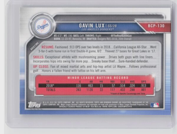 2019 Bowman Gavin Lux #BCP-130 Dodgers Chrome Prospects Mojo Refractors - Image 3