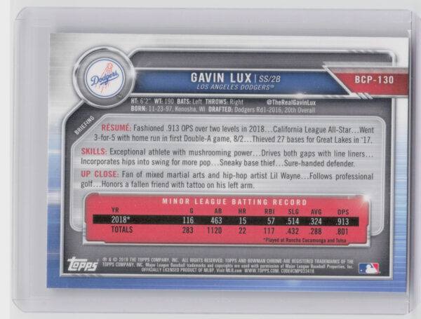 2019 Bowman Gavin Lux #BCP-130 Dodgers Chrome Prospects Mojo Refractors - Image 3