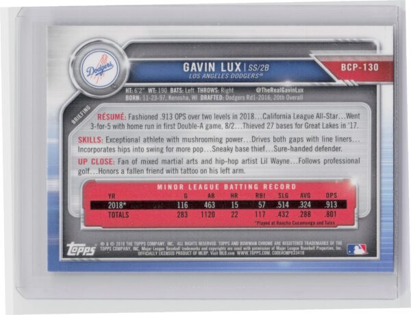 2019 Bowman Gavin Lux #BCP-130 Dodgers Chrome Prospects Mojo Refractors - Image 3