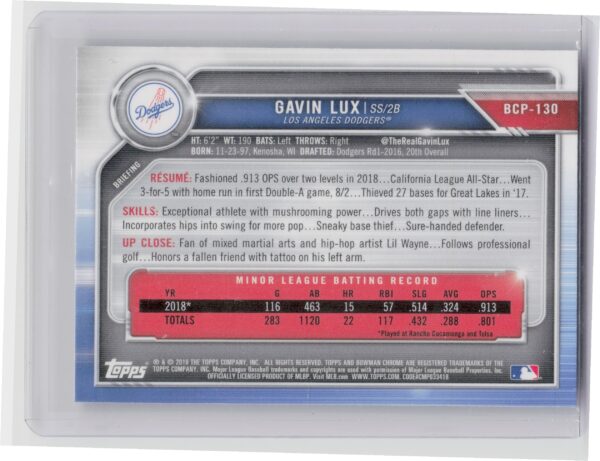 2019 Bowman Gavin Lux #BCP-130 Dodgers Chrome Prospects Mojo Refractors - Image 3