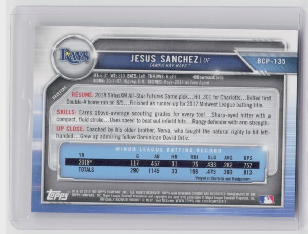 2019 Bowman Jesus Sanchez /250 #BCP-135 Rays Prospects Mojo Refractors Purple - Image 3