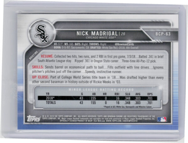 2019 Bowman Nick Madrigal SN99 #BCP-63 Sox Chrome Prospects Mojo Refractors Gree - Image 3