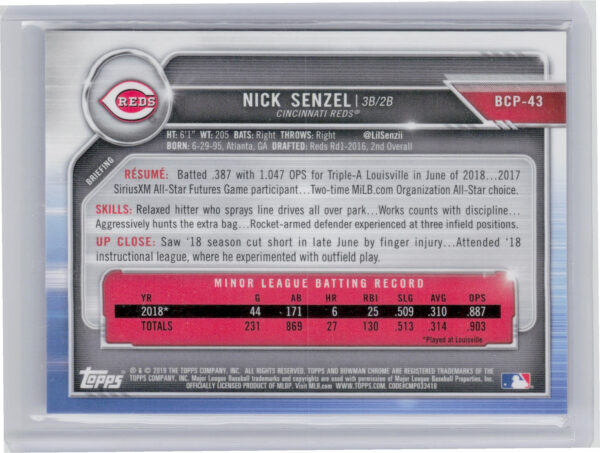 2019 Bowman Nick Senzel SN250 #BCP-43 Reds Chrome Prospects Mojo Refractors Purp - Image 3