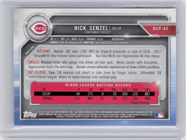 2019 Bowman Nick Senzel SN99 #BCP-43 Reds Chrome Prospects Mojo Refractors Green - Image 3