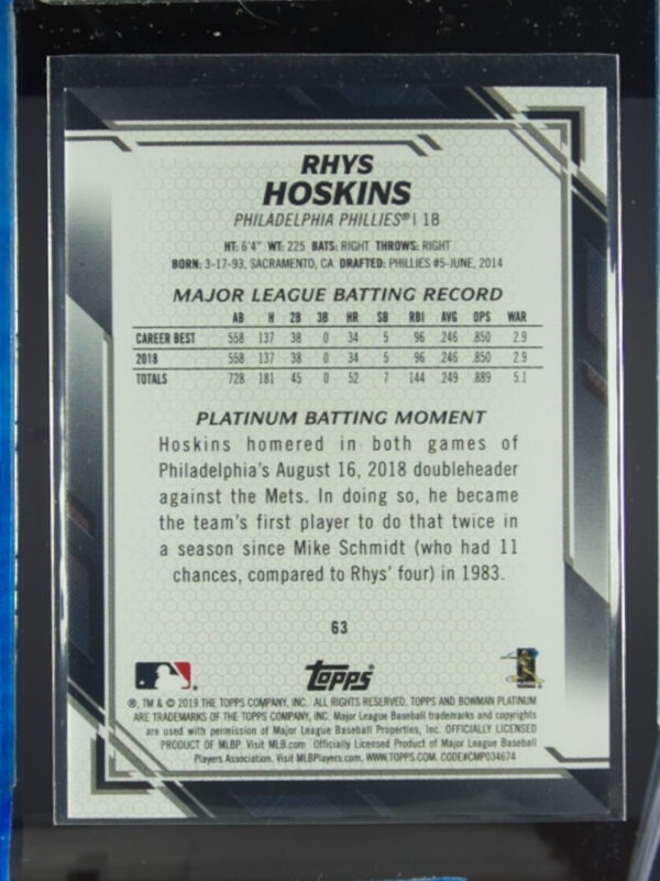 2019 Bowman Platinum Rhys Hoskins Blue SN150 #63 Phillies - Image 3
