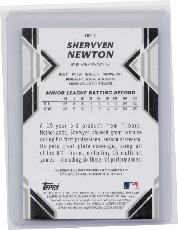 2019 Bowman Platinum Shervyen Newton AU #TOP-2 Mets Top Prospects Autographs - Image 3
