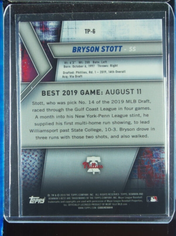 2019 Bowman's Best Bryson Stott SN150 #TP-6 Phillies Top Prospects Blue Refracto - Image 3