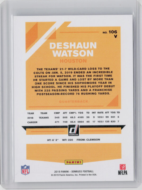 2019 Donruss Deshaun Watson Press Proof Silver SN100 #106 Texans - Image 3