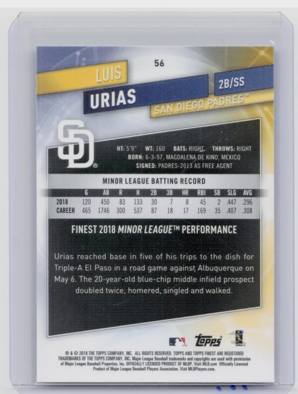 2019 Finest Luis Urias RC #56 Padres - Image 3