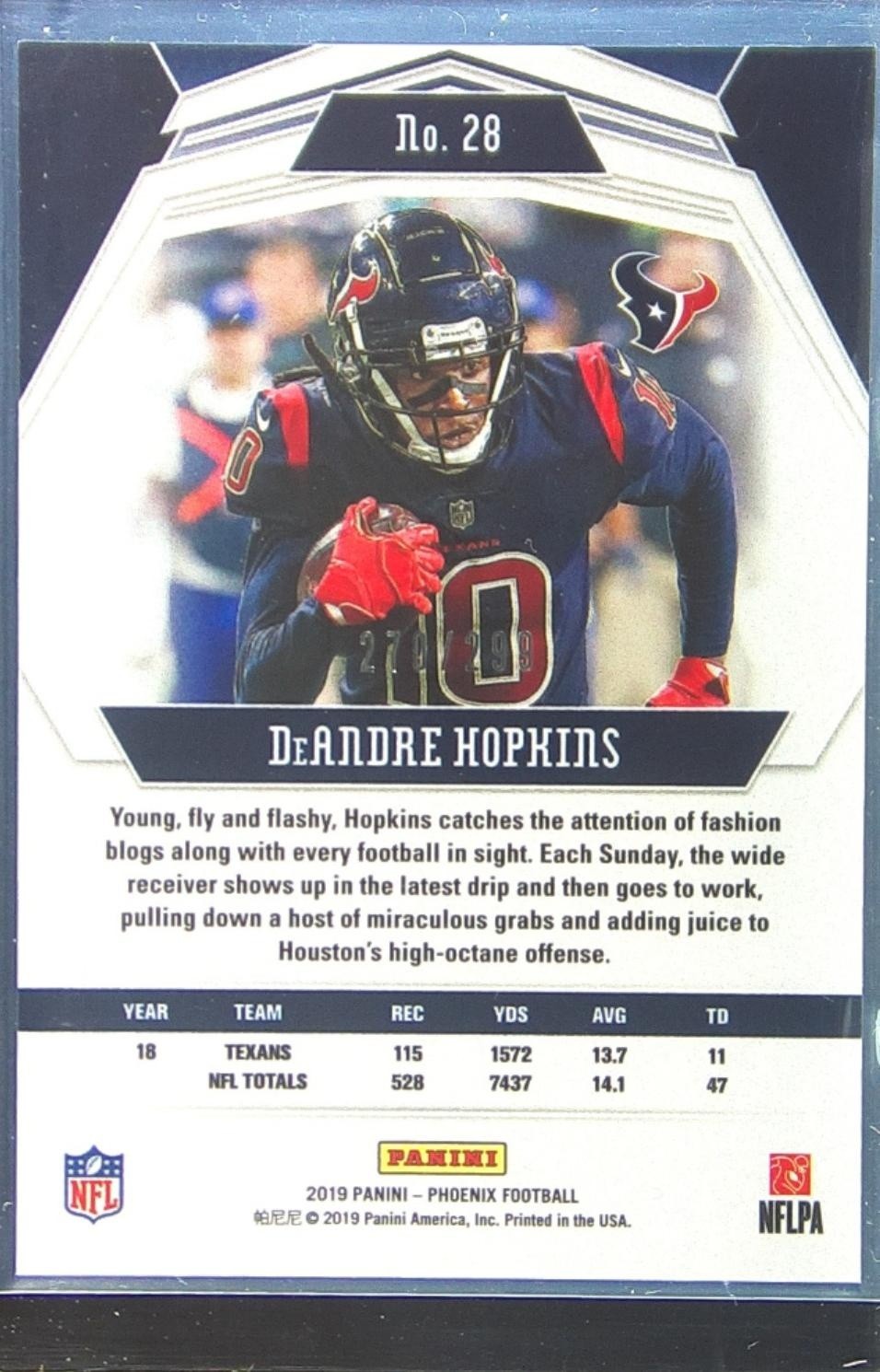 2019 Panini Phoenix DeAndre Hopkins Red /299 #28 Texans - Image 3