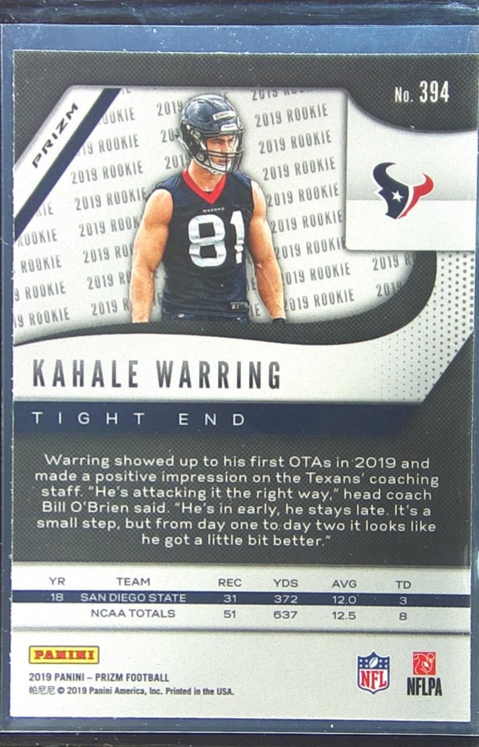 2019 Prizm Kahale Warring Red White and Blue RC #394 Texans - Image 3