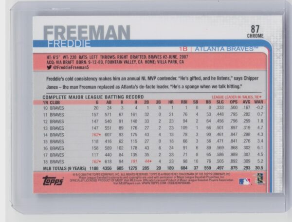 2019 Topps Chrome Freddie Freeman Prism Refractor #87 Braves - Image 3