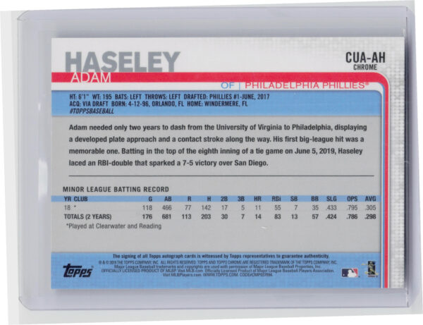 2019 Topps Chrome Update Adam Haseley AU #CUA-AH Phillies Autographs - Image 3