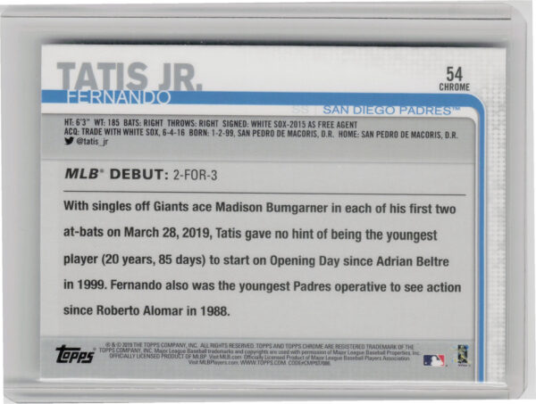 2019 Topps Chrome Update Fernando Tatis Jr. RC #54 Padres - Image 3