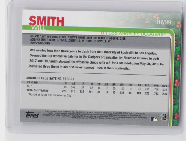 2019 Topps Holiday Will Smith RC #HW99 Dodgers - Image 3