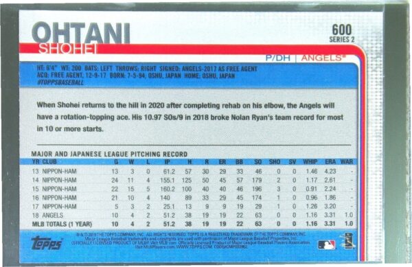 2019 Topps Shohei Ohtani #600 Angels - Image 3