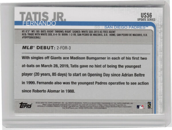 2019 Topps Update Fernando Tatis Jr. #US56 Padres - Image 3