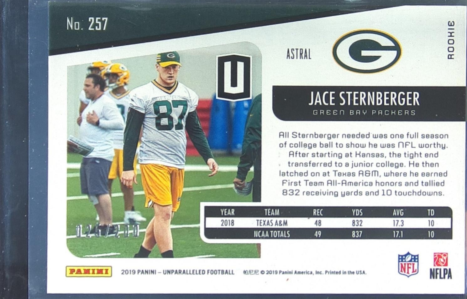 2019 Unparalleled Jace Sternberger Astral /200 RC #257 Packers - Image 3