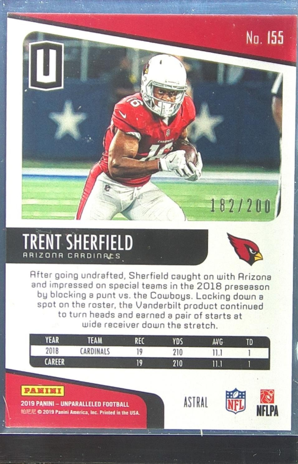 2019 Unparalleled Trent Sherfield Astral /200 RC #155 Cardinals - Image 3