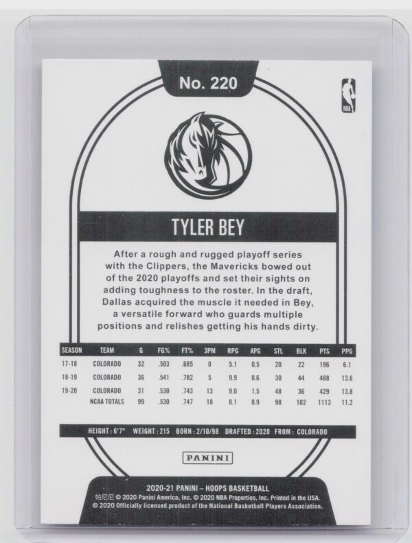 2020-21 Hoops Tyler Bey Rookie RC #220 Mavericks - Image 3