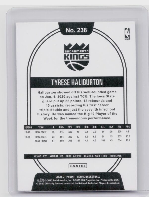 2020-21 Hoops Tyrese Haliburton RC #238 Kings - Image 3