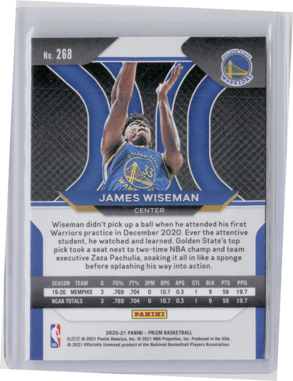 2020-21 Panini Prizm James Wiseman RC #268 Warriors - Image 3
