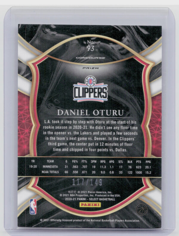 2020-21 Panini Select Daniel Oturu White Prizms SN149 #93 Clippers - Image 3