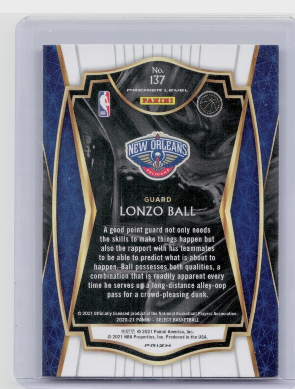 2020-21 Select Lonzo Ball Red White Orange Shimmer #137 Pelicans - Image 3