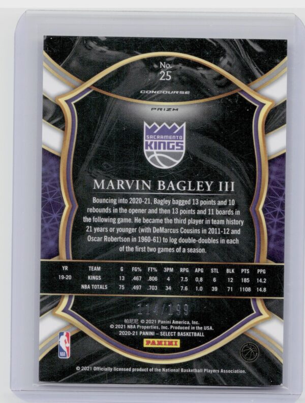 2020-21 Select Marvin Bagley III Concourse Red /199 #25 Kings - Image 3