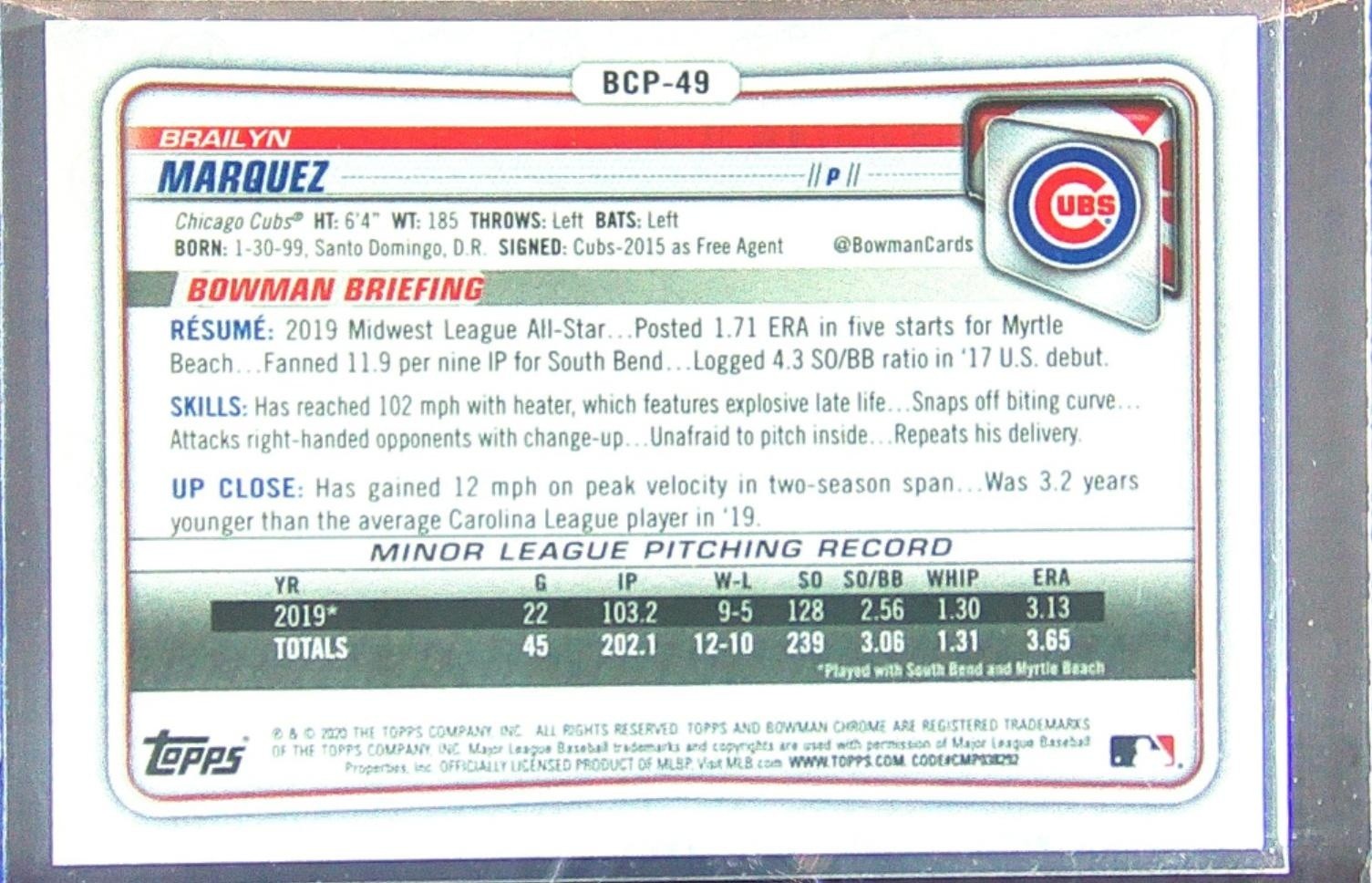 2020 Bowman Brailyn Marquez /125 #BCP-49 Cubs Chrome Prospects Aqua Shimmer Ref - Image 3