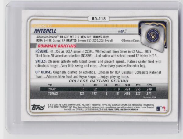 2020 Bowman Draft Garrett Mitchell Chrome #BD-118 Brewers - Image 3