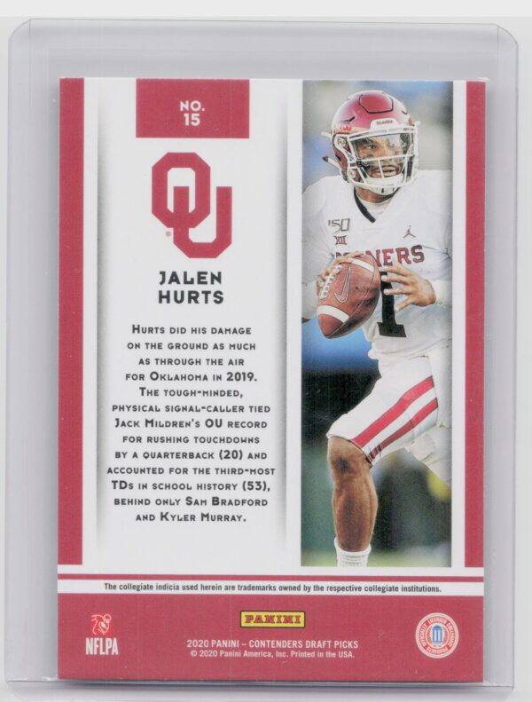 2020 Contenders Draft Picks Jalen Hurts Game Day Ticket Rookie #15 Oklahoma - Image 3