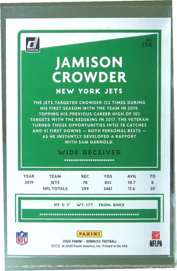 2020 Donruss Jamison Crowder Season Stat Line /500 #194 Jets - Image 3