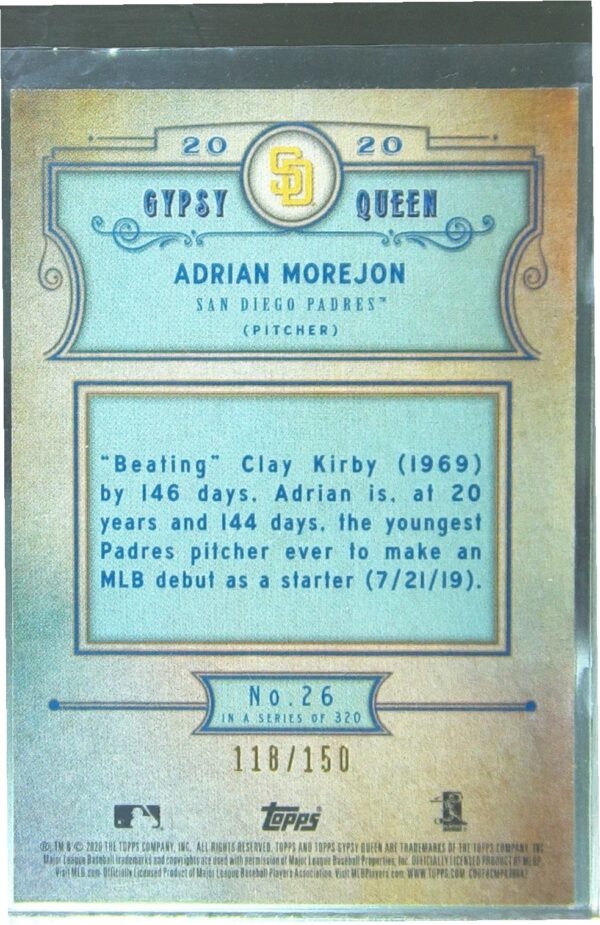 2020 Gypsy Queen Adrian Morejon Blue /150 RC #26 Padres - Image 3